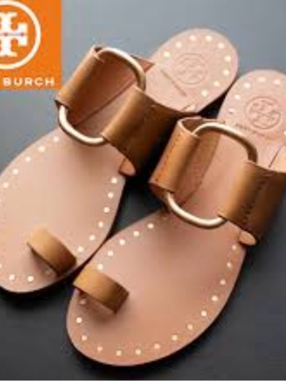 Tory Burch Cognac Leather Slide Sandals with Gold Ring Detail
